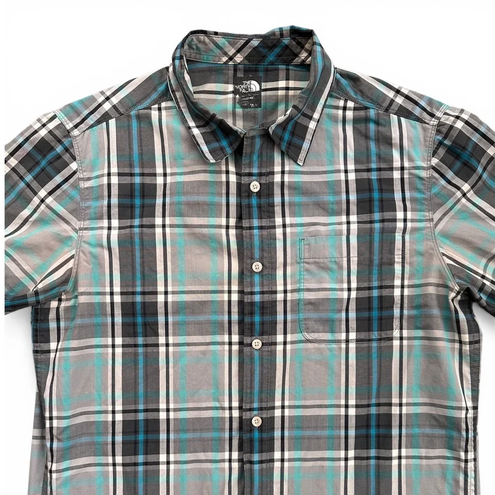 The North Face Button‎ Down Shirt Mens Medium Grey Teal Good Plaid Short Sleeve